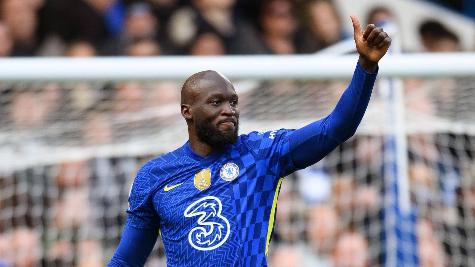 belgian striker romelu lukaku gives thumbs up while playing for chelsea in premier league match
